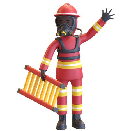 Firefighter full gear protection holding ladder staircase 3D Illustration