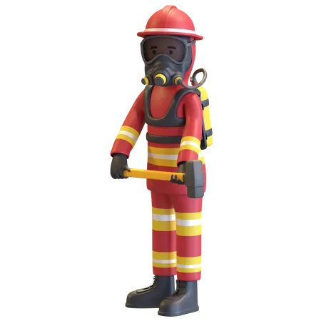 Firefighter full gear protection holding sledge hammer  3D Illustration