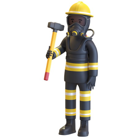 Firefighter full gear protection holding sledge hammer  3D Illustration