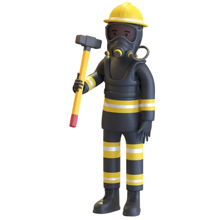 Firefighter full gear protection holding sledge hammer  3D Illustration