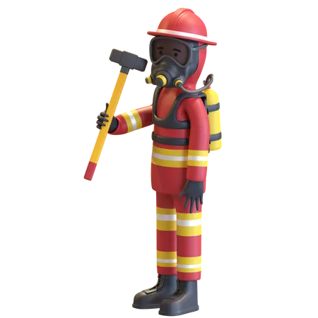 Firefighter full gear protection holding sledge hammer  3D Illustration