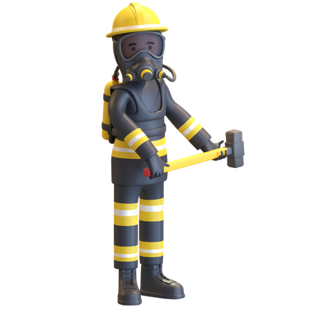 Firefighter full gear protection holding sledge hammer  3D Illustration