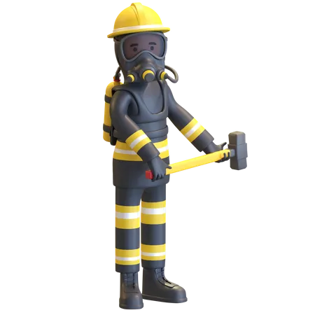 Firefighter full gear protection holding sledge hammer  3D Illustration