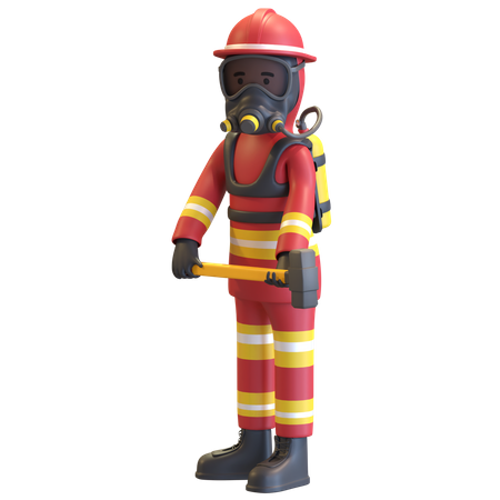 Firefighter full gear protection holding sledge hammer 3D Illustration