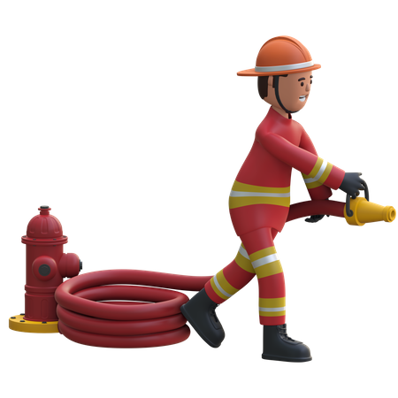Firefighter holding water hose  3D Icon