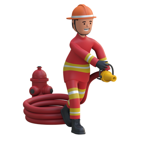 Firefighter holding water hose  3D Illustration