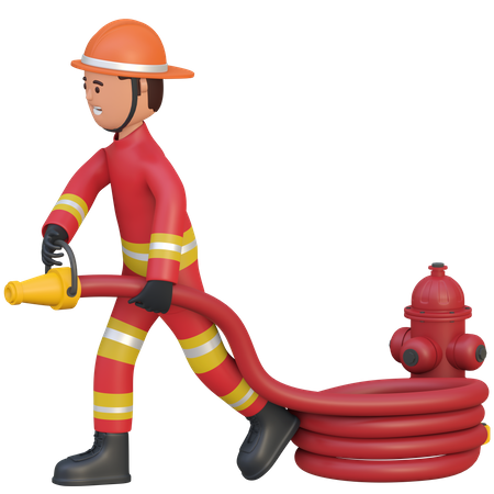 Firefighter holding water hose 3D Illustration