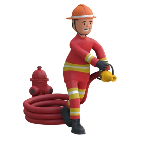 Firefighter holding water hose  3D Illustration