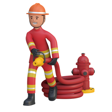 Firefighter holding water hose 3D Illustration
