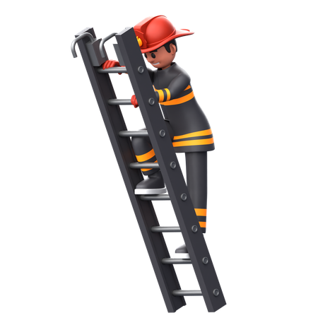 Firefighter Man Climbing On Ladder  3D Illustration