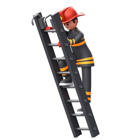 Firefighter Man Climbing On Ladder  3D Illustration