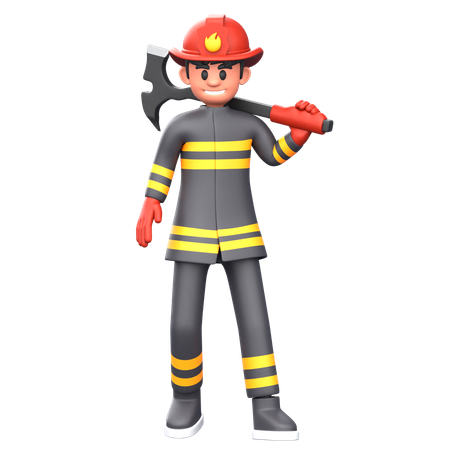 Firefighter Man Holding Axe  3D Illustration