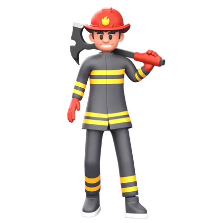 Firefighter Man Holding Axe  3D Illustration