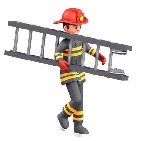 Firefighter Man Holding Ladder  3D Illustration