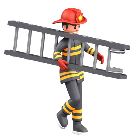 Firefighter Man Holding Ladder  3D Illustration