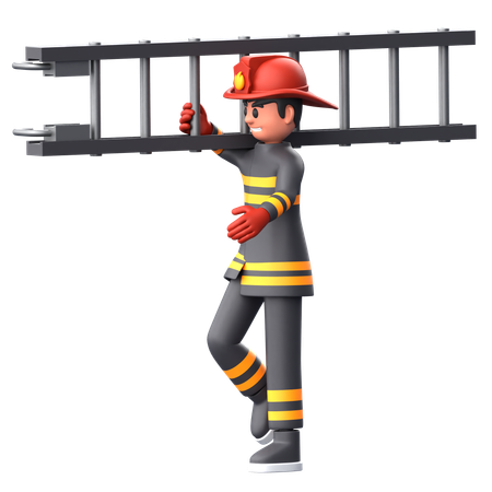 Firefighter Man Holding Ladder  3D Illustration