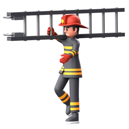 Firefighter Man Holding Ladder  3D Illustration