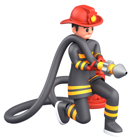 Firefighter Man Holding Water Hose  3D Illustration