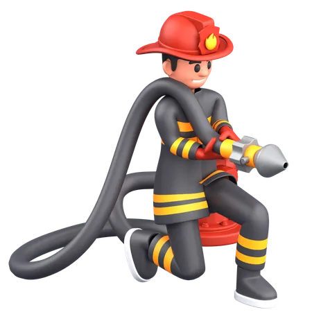 Firefighter Man Holding Water Hose  3D Illustration