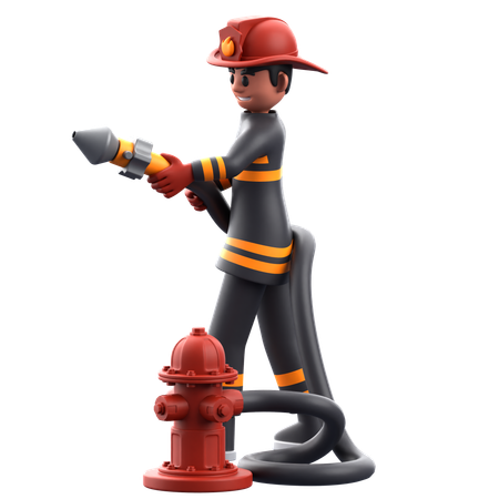 Firefighter Man Holding Water Hose  3D Illustration