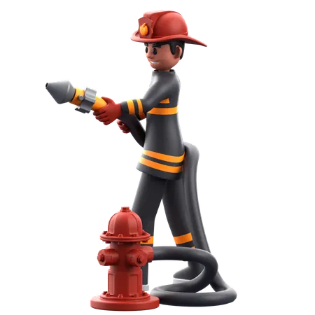 Firefighter Man Holding Water Hose  3D Illustration