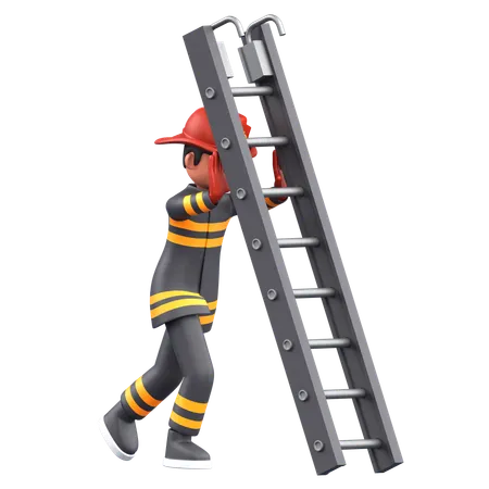 Firefighter Man Pushing Ladder  3D Illustration