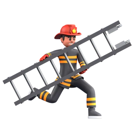 Firefighter Man Running With Ladder  3D Illustration