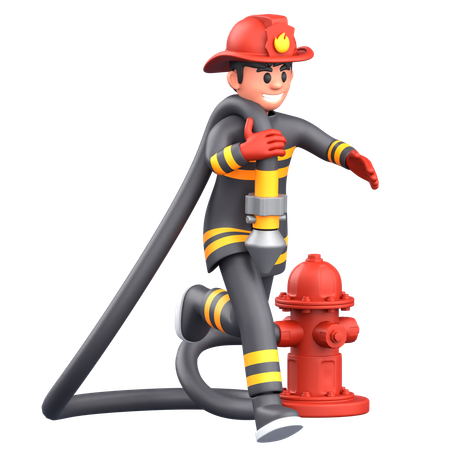 Firefighter Man Running With Water Hose  3D Illustration