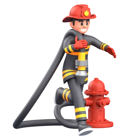 Firefighter Man Running With Water Hose  3D Illustration