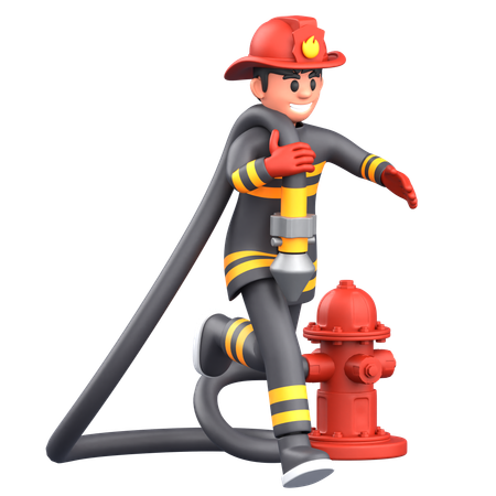 Firefighter Man Running With Water Hose  3D Illustration