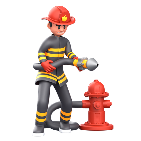 Firefighter Man With Fire Hydrant  3D Illustration