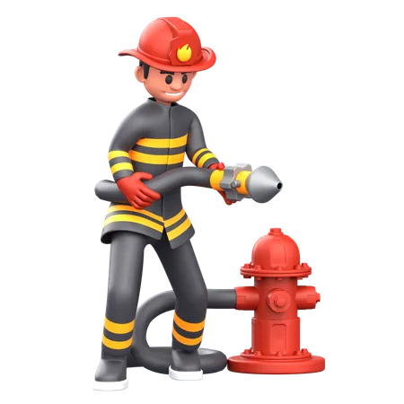 Firefighter Man With Fire Hydrant  3D Illustration