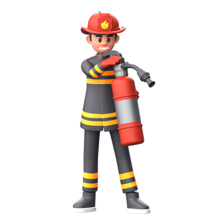 Firefighter Standing While Holding Fire Extinguisher  3D Illustration