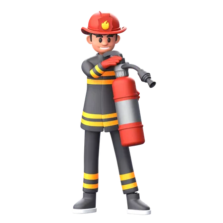 Firefighter Standing While Holding Fire Extinguisher  3D Illustration