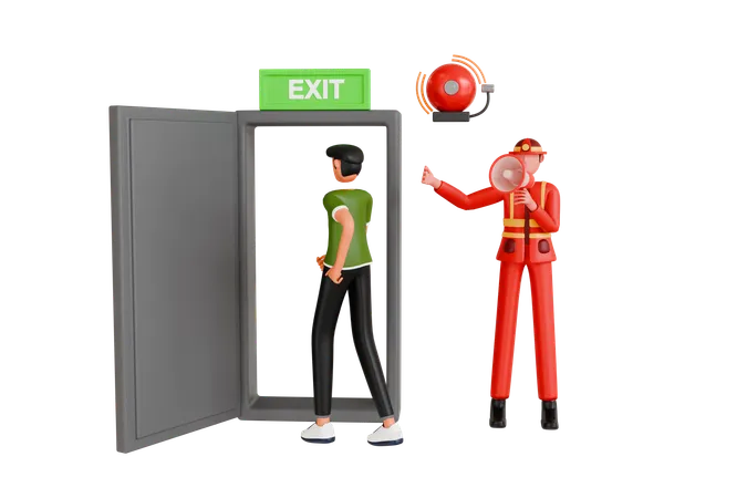 3 D Illustration Of Firefighter Using Megaphone To Alert People Fireman With Megaphone Announces Fire Emergency Evacuation Alarm 3D Illustration