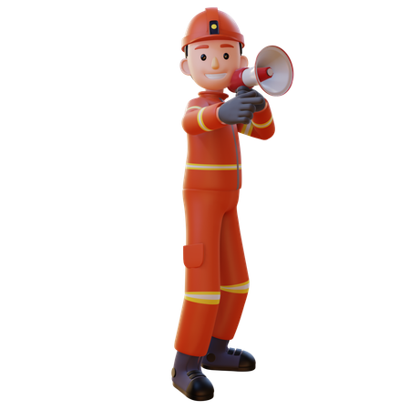Firefighter Wearing Red Suit Uniform Holding Megaphone While Announcing 3D Illustration