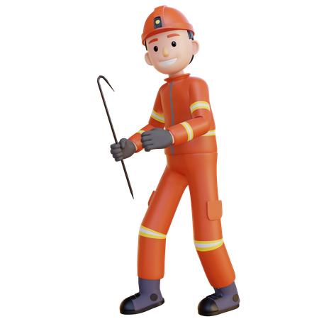 Firefighter Wearing Red Suit Uniform Holding Steel Stick  3D Illustration