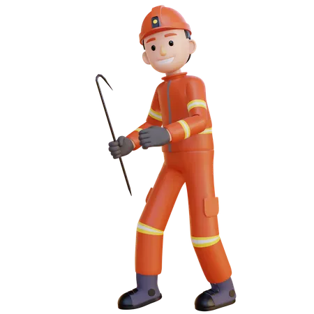 Firefighter Wearing Red Suit Uniform Holding Steel Stick  3D Illustration