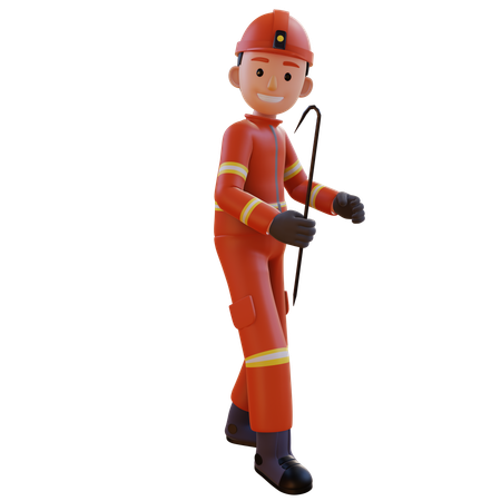 Firefighter Wearing Red Suit Uniform Holding Steel Stick  3D Illustration