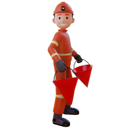 Firefighter Wearing Red Suit Uniform Holding Water Bucket  3D Illustration