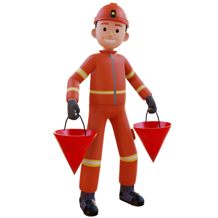 Firefighter Wearing Red Suit Uniform Holding Water Bucket  3D Illustration