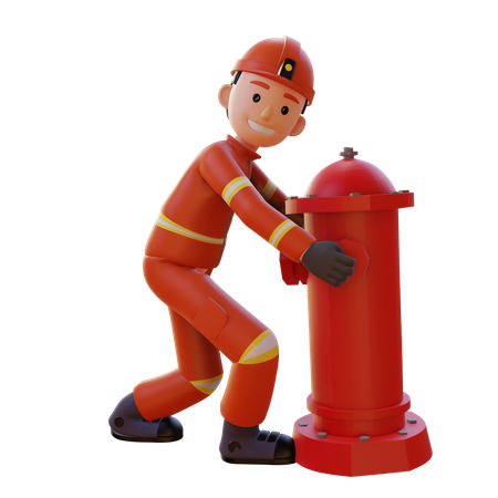 Firefighter Wearing Red Suit Uniform Pushing Fire Hydrant  3D Illustration
