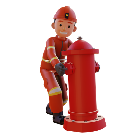 Firefighter Wearing Red Suit Uniform Pushing Fire Hydrant  3D Illustration