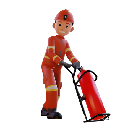 Firefighter Wearing Red Suit Uniform Pushing Fireextinguisher  3D Illustration