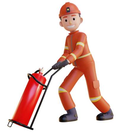 Firefighter Wearing Red Suit Uniform Pushing Fireextinguisher  3D Illustration