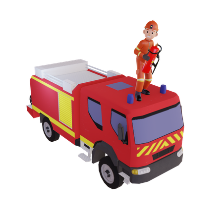 Firefighter Wearing Red Suit Uniform Standing On Fire Vehicle With Fire Extinguisher  3D Illustration