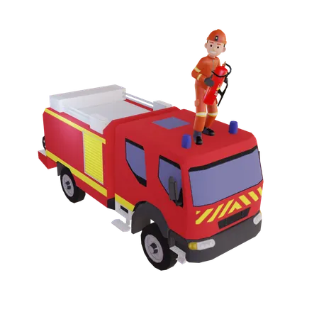 Firefighter Wearing Red Suit Uniform Standing On Fire Vehicle With Fire Extinguisher  3D Illustration