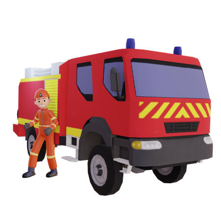 Firefighter Wearing Red Suit Uniform Standing With Fire Van  3D Illustration
