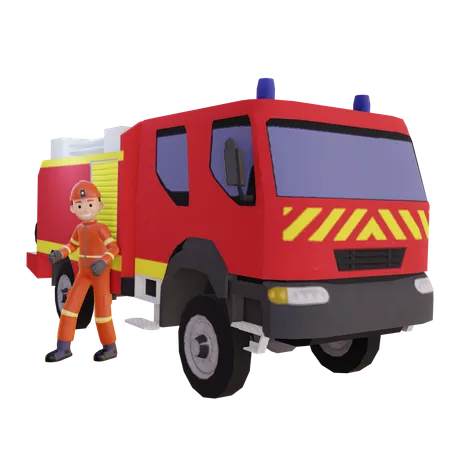 Firefighter Wearing Red Suit Uniform Standing With Fire Van  3D Illustration