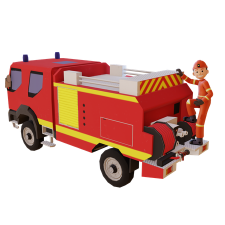 Firefighter Wearing Red Suit Uniform Standing With Fire Van  3D Illustration